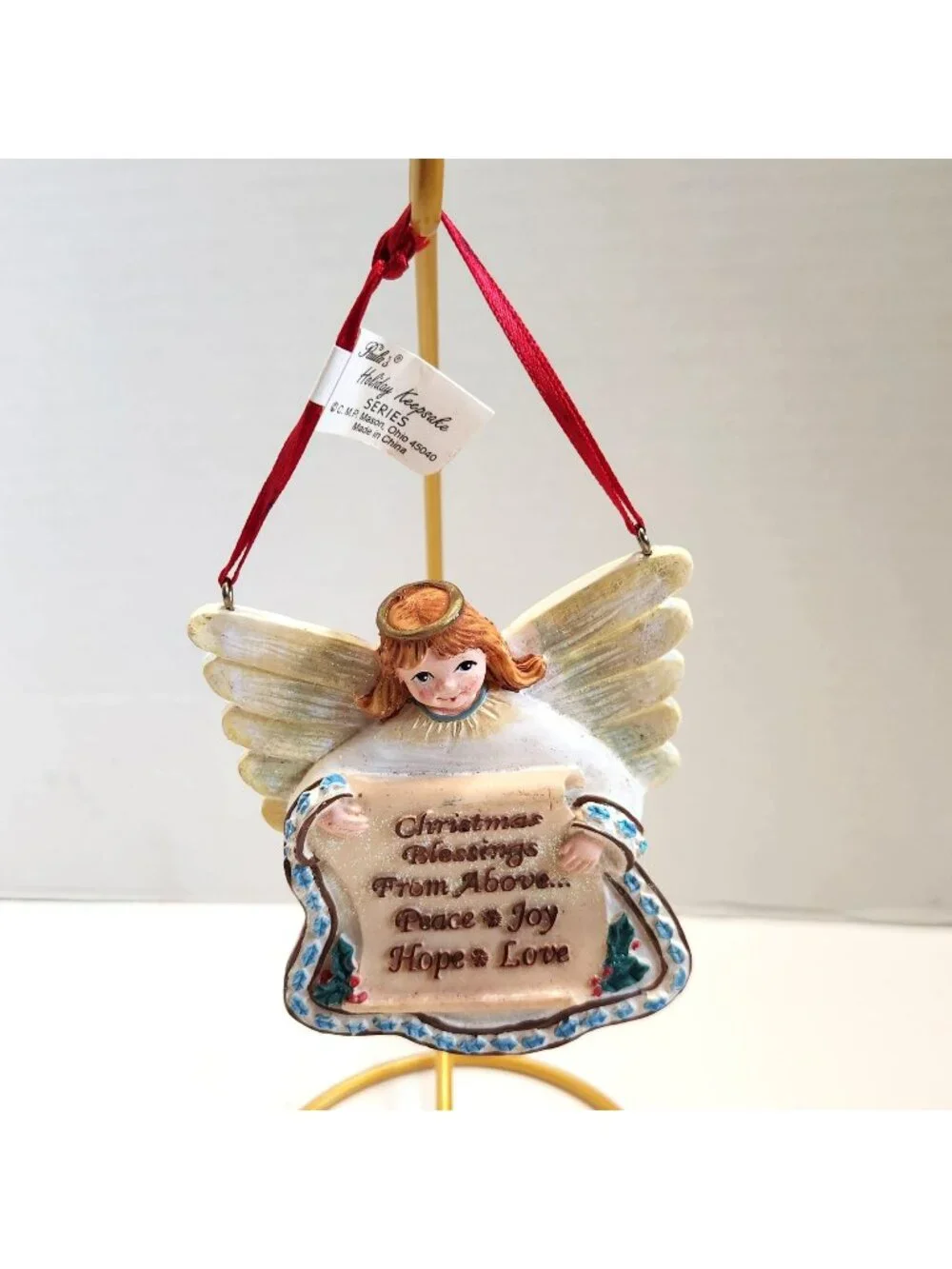 Christmas Angel Ornament With Blessings Scroll & Red Ribbon 4.5